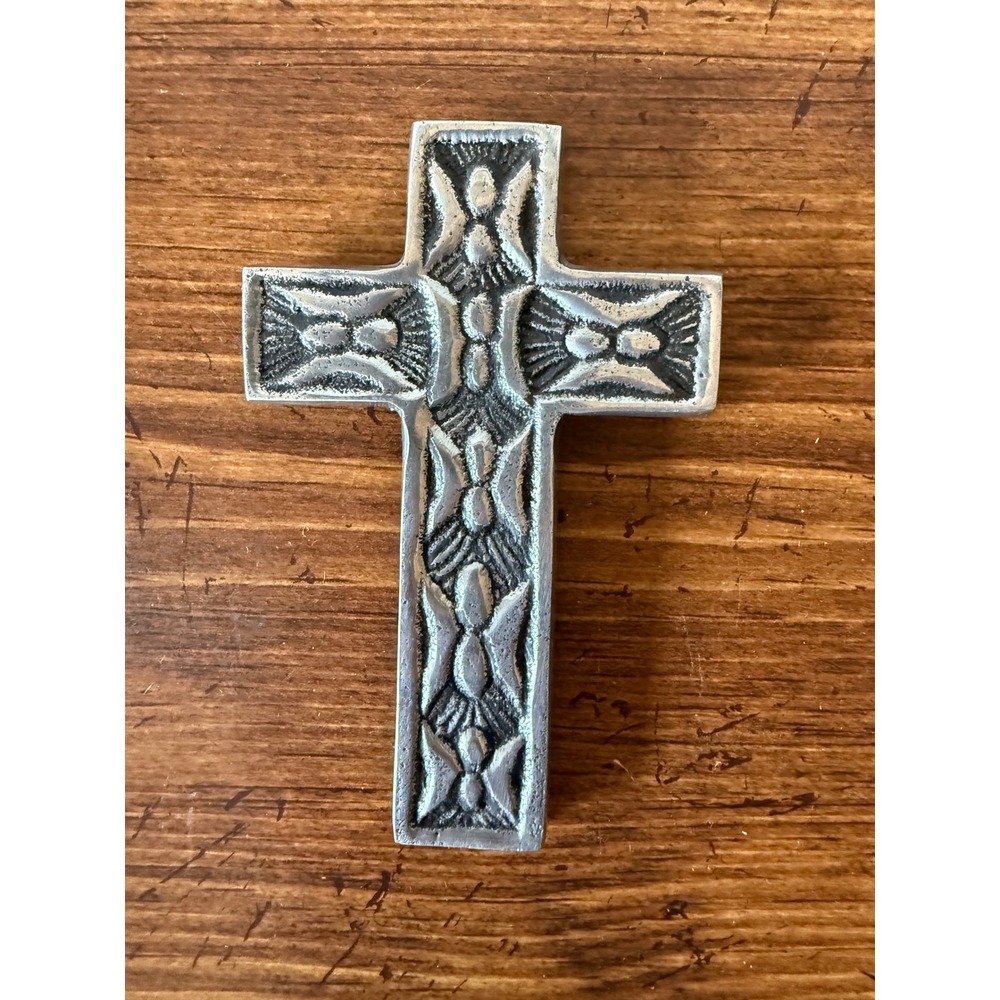 Vintage Cast Metal Wall Cross Silver Tone Embossed Pattern Made in India